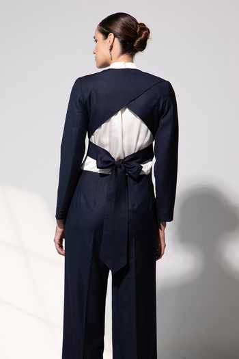 Shop_Raison D'Etre Atelier_Black Rayon Mandarin Collar, Halter Neck Seraphina Top And Pant Set _at_Aza_Fashions