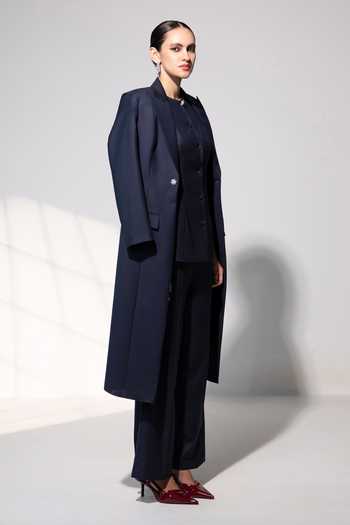 Shop_Raison D'Etre Atelier_Black Rayon Round Neck The Seraphina Ensemble Blazer Trouser Set _at_Aza_Fashions