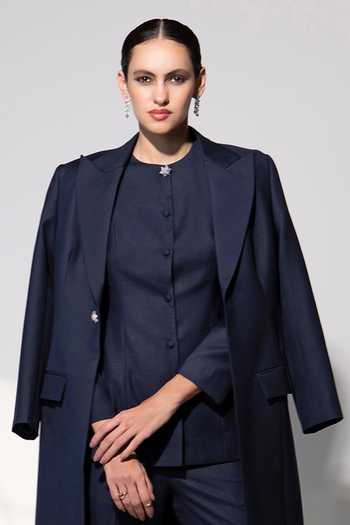 Shop_Raison D'Etre Atelier_Black Rayon Round Neck The Seraphina Ensemble Blazer Trouser Set _Online_at_Aza_Fashions