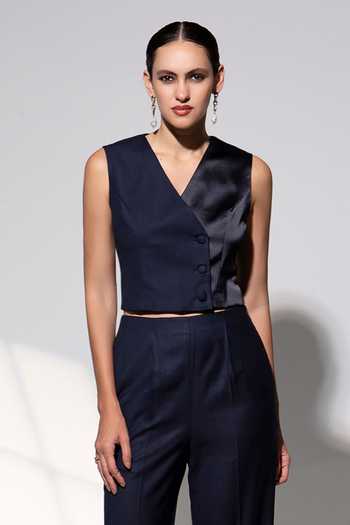 Raison D'Etre Atelier_Black Rayon V-neck Hazel Waistcoat With Pant _Online_at_Aza_Fashions