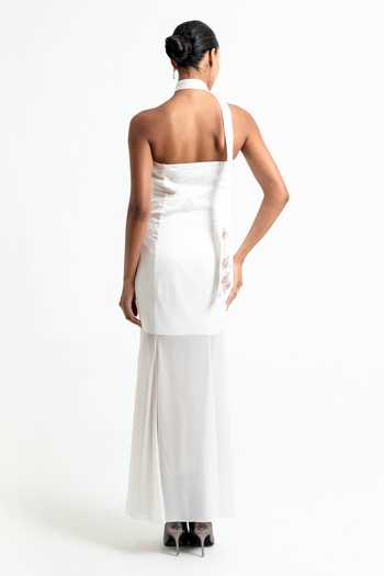 Shop_Raison D'Etre Atelier_White Satin Embroidery Sweetheart Neck Strapless Dress With Scarf _at_Aza_Fashions