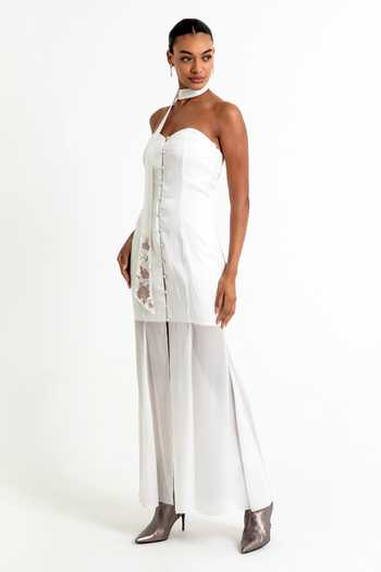 Raison D'Etre Atelier_White Satin Embroidery Sweetheart Neck Strapless Dress With Scarf _Online_at_Aza_Fashions
