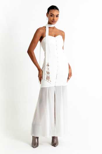 Buy_Raison D'Etre Atelier_White Satin Embroidery Sweetheart Neck Strapless Dress With Scarf _Online_at_Aza_Fashions