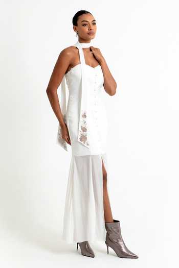 Shop_Raison D'Etre Atelier_White Satin Embroidery Sweetheart Neck Strapless Dress With Scarf _Online_at_Aza_Fashions