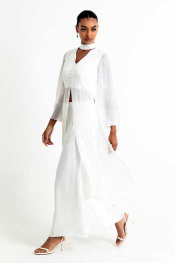 Buy_Raison D'Etre Atelier_White Organza, Modal V-, Choker Luna Cut-out Tunic With Trouser _Online_at_Aza_Fashions