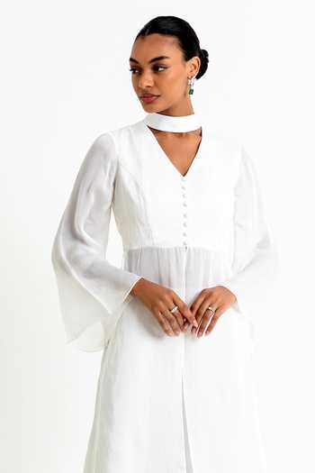 Shop_Raison D'Etre Atelier_White Organza, Modal V-, Choker Luna Cut-out Tunic With Trouser _Online_at_Aza_Fashions