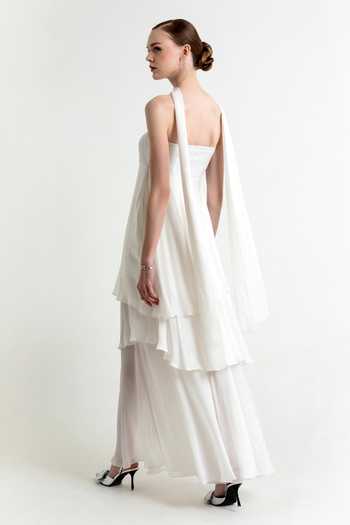 Shop_Raison D'Etre Atelier_White Satin Bandeau Neck Aurora Asymmetric Hem Dress With Scarf _at_Aza_Fashions
