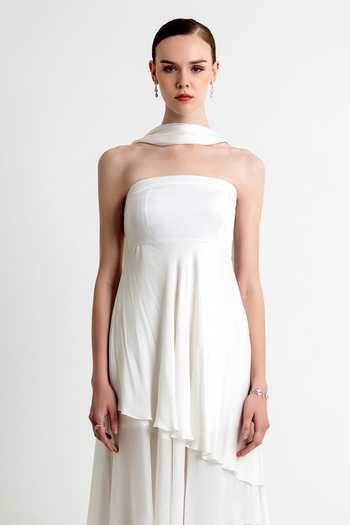 Shop_Raison D'Etre Atelier_White Satin Bandeau Neck Aurora Asymmetric Hem Dress With Scarf _Online_at_Aza_Fashions