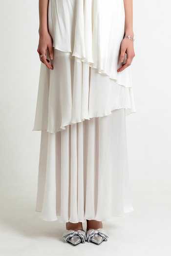 Raison D'Etre Atelier_White Satin Bandeau Neck Aurora Asymmetric Hem Dress With Scarf _at_Aza_Fashions