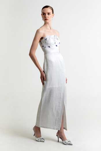 Raison D'Etre Atelier_Silver Linen, Satin Embroidery Bandeau Neck Morning Mist Floral Gown _Online_at_Aza_Fashions