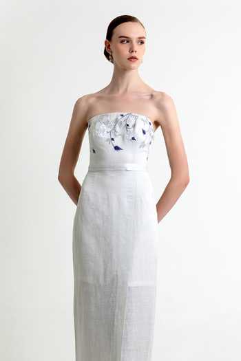 Buy_Raison D'Etre Atelier_Silver Linen, Satin Embroidery Bandeau Neck Morning Mist Floral Gown _Online_at_Aza_Fashions
