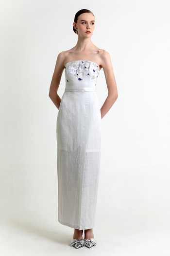 Shop_Raison D'Etre Atelier_Silver Linen, Satin Embroidery Bandeau Neck Morning Mist Floral Gown _at_Aza_Fashions