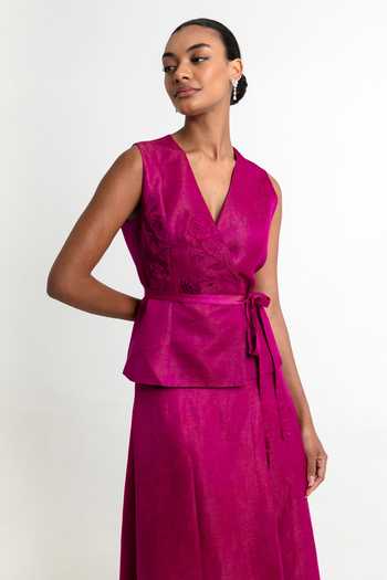 Raison D'Etre Atelier_Fuchsia Satin, Linen, Modal V-neck Rosalina Embroidered Waistcoat And Skirt Set _Online_at_Aza_Fashions
