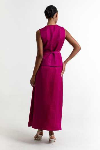 Shop_Raison D'Etre Atelier_Fuchsia Satin, Linen, Modal V-neck Rosalina Embroidered Waistcoat And Skirt Set _at_Aza_Fashions