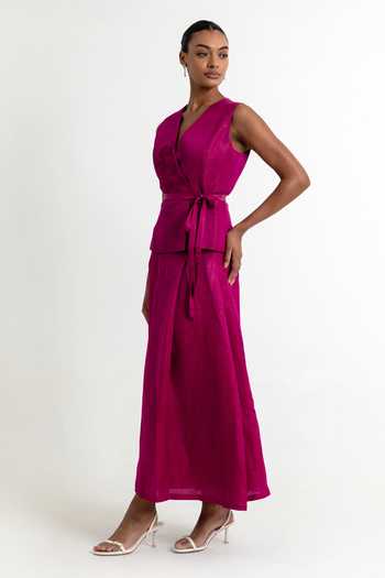 Buy_Raison D'Etre Atelier_Fuchsia Satin, Linen, Modal V-neck Rosalina Embroidered Waistcoat And Skirt Set _Online_at_Aza_Fashions