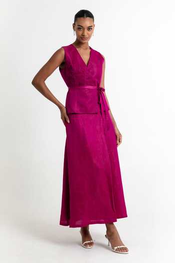 Buy_Raison D'Etre Atelier_Fuchsia Satin, Linen, Modal V-neck Rosalina Embroidered Waistcoat And Skirt Set _at_Aza_Fashions