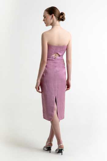Shop_Raison D'Etre Atelier_Lilac Satin, Linen Bandeau Neck Iris Embroidered Dress _at_Aza_Fashions