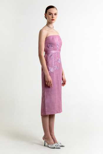 Raison D'Etre Atelier_Lilac Satin, Linen Bandeau Neck Iris Embroidered Dress _Online_at_Aza_Fashions