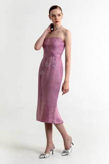 Buy_Raison D'Etre Atelier_Lilac Satin, Linen Bandeau Neck Iris Embroidered Dress _Online_at_Aza_Fashions