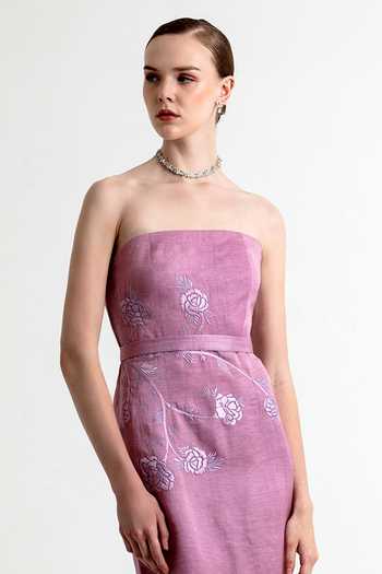 Shop_Raison D'Etre Atelier_Lilac Satin, Linen Bandeau Neck Iris Embroidered Dress _Online_at_Aza_Fashions