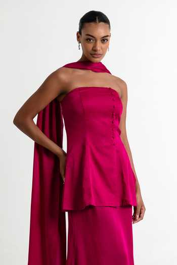 Buy_Raison D'Etre Atelier_Fuchsia Modal, Satin Bandeau Neck Adaline Strapless Top Skirt Set _Online_at_Aza_Fashions