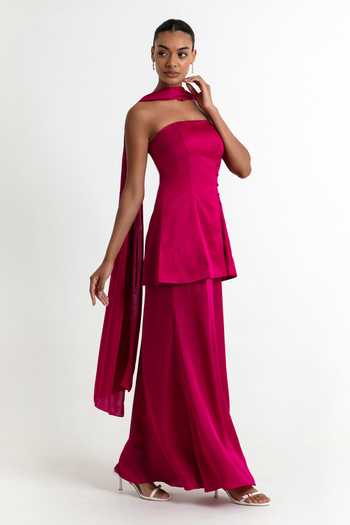 Shop_Raison D'Etre Atelier_Fuchsia Modal, Satin Bandeau Neck Adaline Strapless Top Skirt Set _Online_at_Aza_Fashions