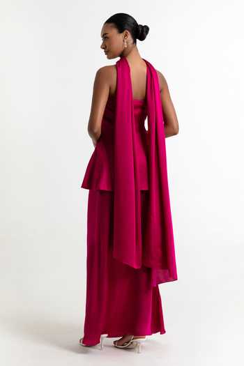 Shop_Raison D'Etre Atelier_Fuchsia Modal, Satin Bandeau Neck Adaline Strapless Top Skirt Set _at_Aza_Fashions