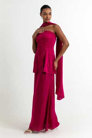 Raison D'Etre Atelier_Fuchsia Modal, Satin Bandeau Neck Adaline Strapless Top Skirt Set _at_Aza_Fashions