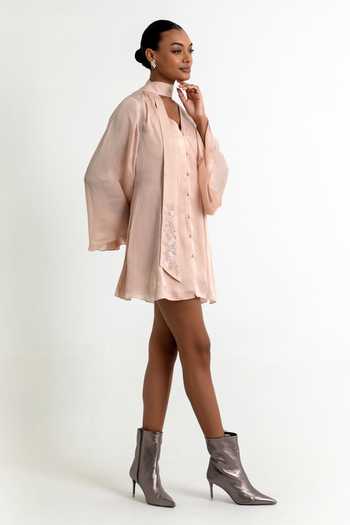 Raison D'Etre Atelier_Peach Organza V-neck Dust Aubrielle Dress _Online_at_Aza_Fashions