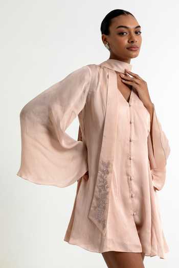 Buy_Raison D'Etre Atelier_Peach Organza V-neck Dust Aubrielle Dress _Online_at_Aza_Fashions