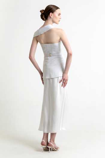 Shop_Raison D'Etre Atelier_Silver Linen, Satin, Modal Shawl Neck, One Helena Embroidered Top With Skirt _at_Aza_Fashions
