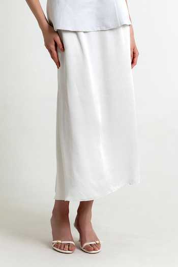 Raison D'Etre Atelier_Silver Linen, Satin, Modal Shawl Neck, One Helena Embroidered Top With Skirt _Online_at_Aza_Fashions