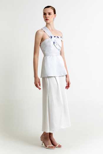Buy_Raison D'Etre Atelier_Silver Linen, Satin, Modal Shawl Neck, One Helena Embroidered Top With Skirt _Online_at_Aza_Fashions