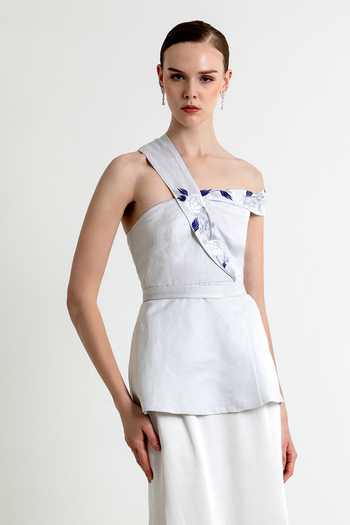 Raison D'Etre Atelier_Silver Linen, Satin, Modal Shawl Neck, One Helena Embroidered Top With Skirt _at_Aza_Fashions