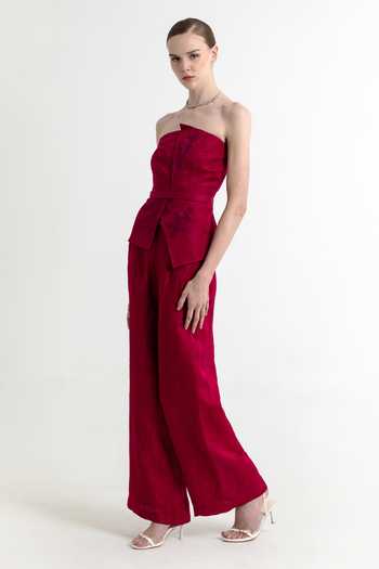 Raison D'Etre Atelier_Fuchsia Linen, Satin Bandeau Neck Carnation Strapless Top And Pant Set _Online_at_Aza_Fashions