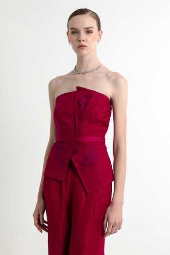 Buy_Raison D'Etre Atelier_Fuchsia Linen, Satin Bandeau Neck Carnation Strapless Top And Pant Set _Online_at_Aza_Fashions