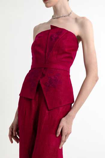 Shop_Raison D'Etre Atelier_Fuchsia Linen, Satin Bandeau Neck Carnation Strapless Top And Pant Set _Online_at_Aza_Fashions