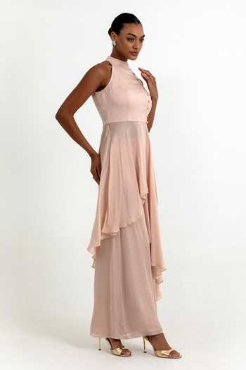 Buy_Raison D'Etre Atelier_Peach Organza Halter Neck Haven Asymmetric Tunic And Pant Set _Online_at_Aza_Fashions