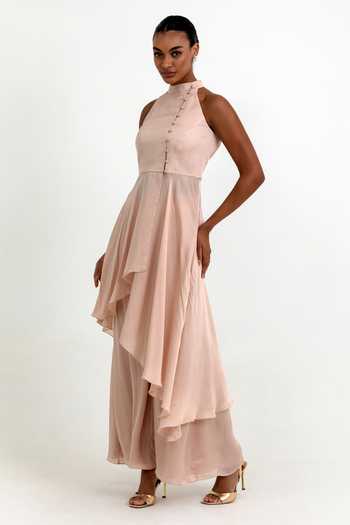 Shop_Raison D'Etre Atelier_Peach Organza Halter Neck Haven Asymmetric Tunic And Pant Set _Online_at_Aza_Fashions