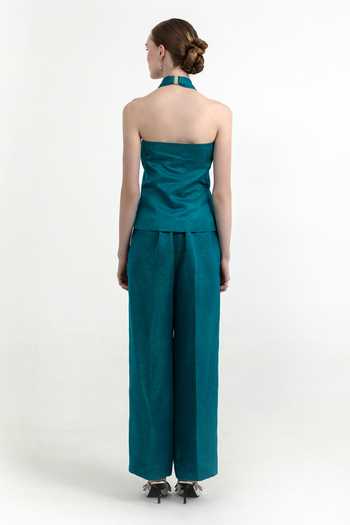 Shop_Raison D'Etre Atelier_Green Linen, Satin, Modal Halter Neck Skye Criss Cross Top And Pant _at_Aza_Fashions