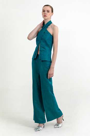 Buy_Raison D'Etre Atelier_Green Linen, Satin, Modal Halter Neck Skye Criss Cross Top And Pant _Online_at_Aza_Fashions