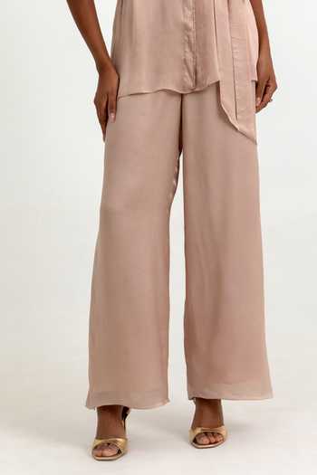 Raison D'Etre Atelier_Peach Satin Collared Neck Placed Embellished Shirt With Trouser _Online_at_Aza_Fashions