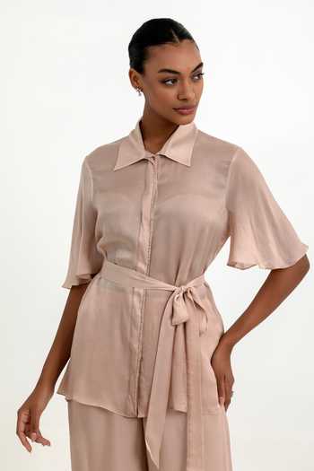 Buy_Raison D'Etre Atelier_Peach Satin Collared Neck Placed Embellished Shirt With Trouser _Online_at_Aza_Fashions