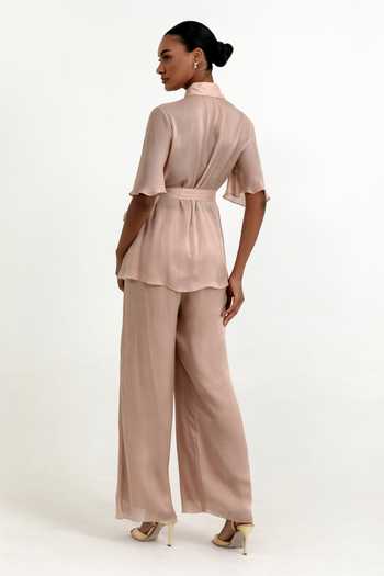 Shop_Raison D'Etre Atelier_Peach Satin Collared Neck Placed Embellished Shirt With Trouser _at_Aza_Fashions