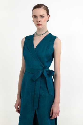 Raison D'Etre Atelier_Teal Linen, Satin, Modal V-neck Este Long Tunic And Pant Set _Online_at_Aza_Fashions