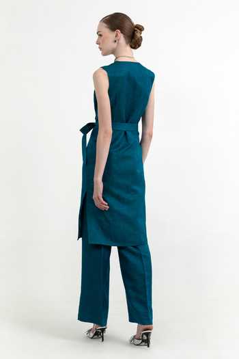 Shop_Raison D'Etre Atelier_Teal Linen, Satin, Modal V-neck Este Long Tunic And Pant Set _at_Aza_Fashions
