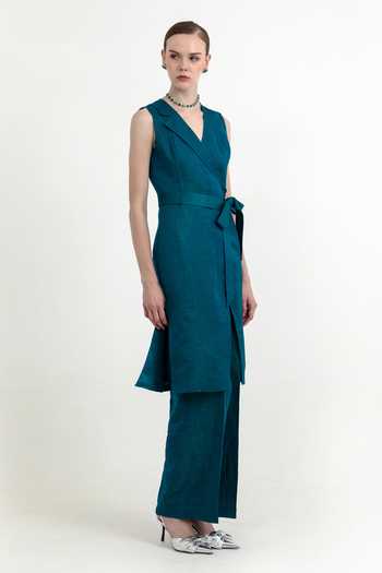 Buy_Raison D'Etre Atelier_Teal Linen, Satin, Modal V-neck Este Long Tunic And Pant Set _Online_at_Aza_Fashions
