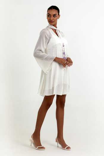 Buy_Raison D'Etre Atelier_White Satin Keyhole Neck Aubrielle Sheer Dress _Online_at_Aza_Fashions