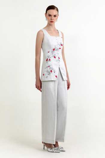 Raison D'Etre Atelier_Silver Satin, Linen Square Neck Peony Embroidered Top With Trouser _Online_at_Aza_Fashions