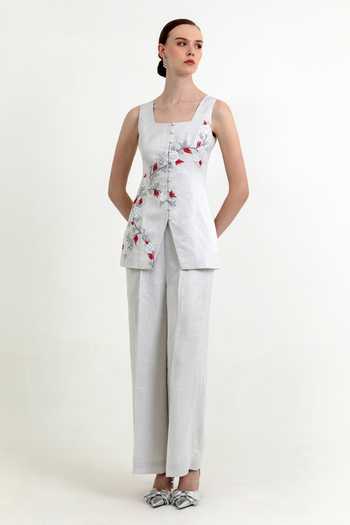 Buy_Raison D'Etre Atelier_Silver Satin, Linen Square Neck Peony Embroidered Top With Trouser _at_Aza_Fashions